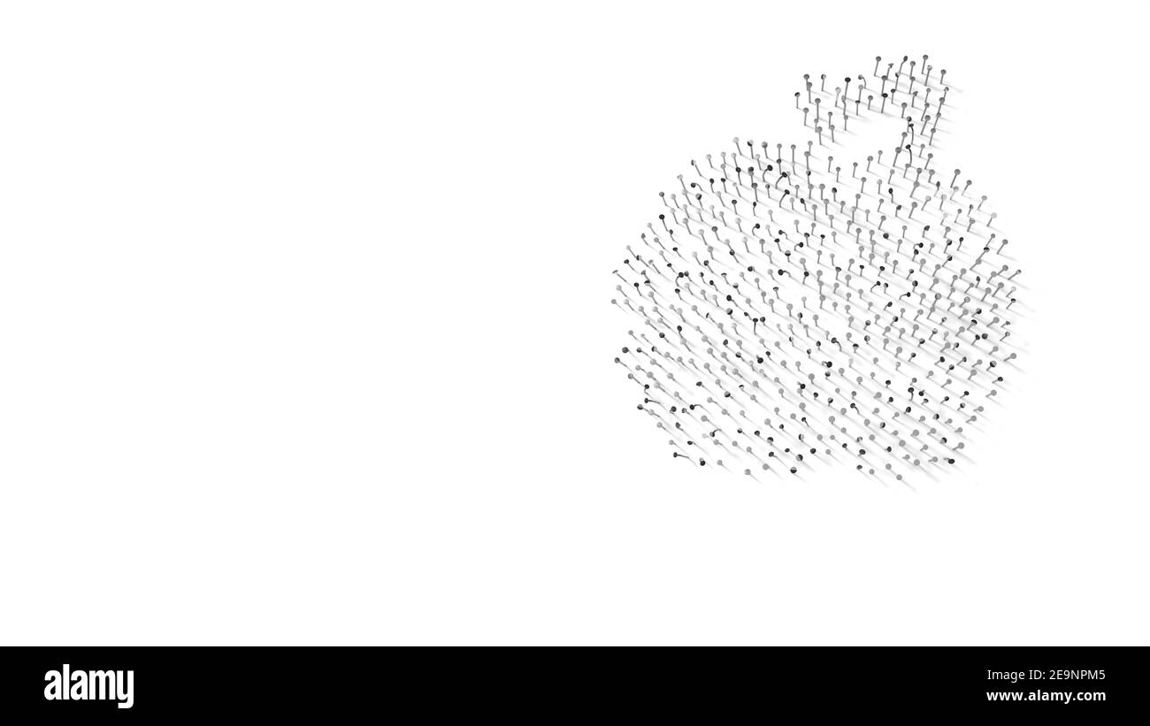 3d-Rendering von Nägeln in Form von Symbol des Apfels Mit Blatt mit Schatten isoliert auf weißem Hintergrund Stockfoto