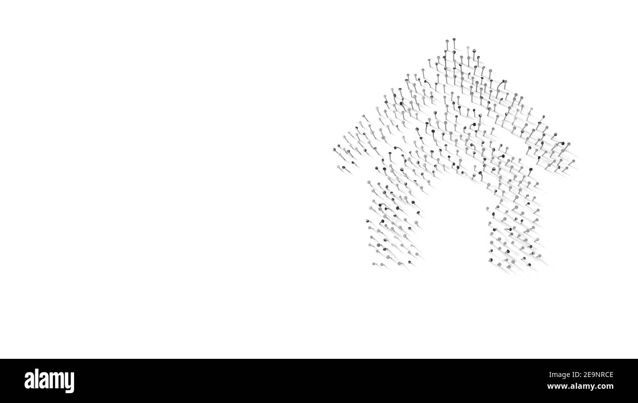 3d-Rendering von Nägeln in Form von Symbol des Hundes Haus auf dem Garten mit Schatten isoliert auf weißem Hintergrund Stockfoto