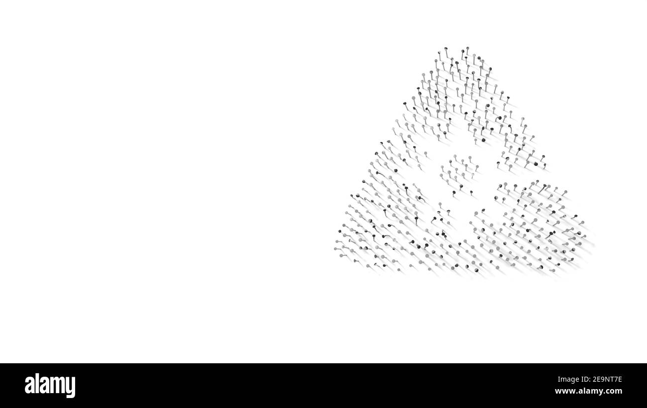 3d-Rendering von Nägeln in Form eines Lasersymbols Im Dreieck mit Schatten auf weißem Hintergrund isoliert Stockfoto