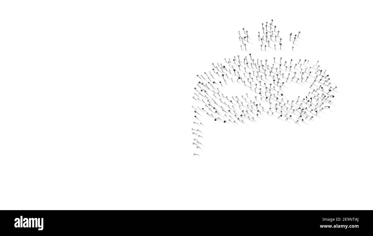 3d-Rendering von Nägeln in Form eines Symbols der Maskerade Maske mit kleiner Krone mit Schatten isoliert auf weißem Hintergrund Stockfoto