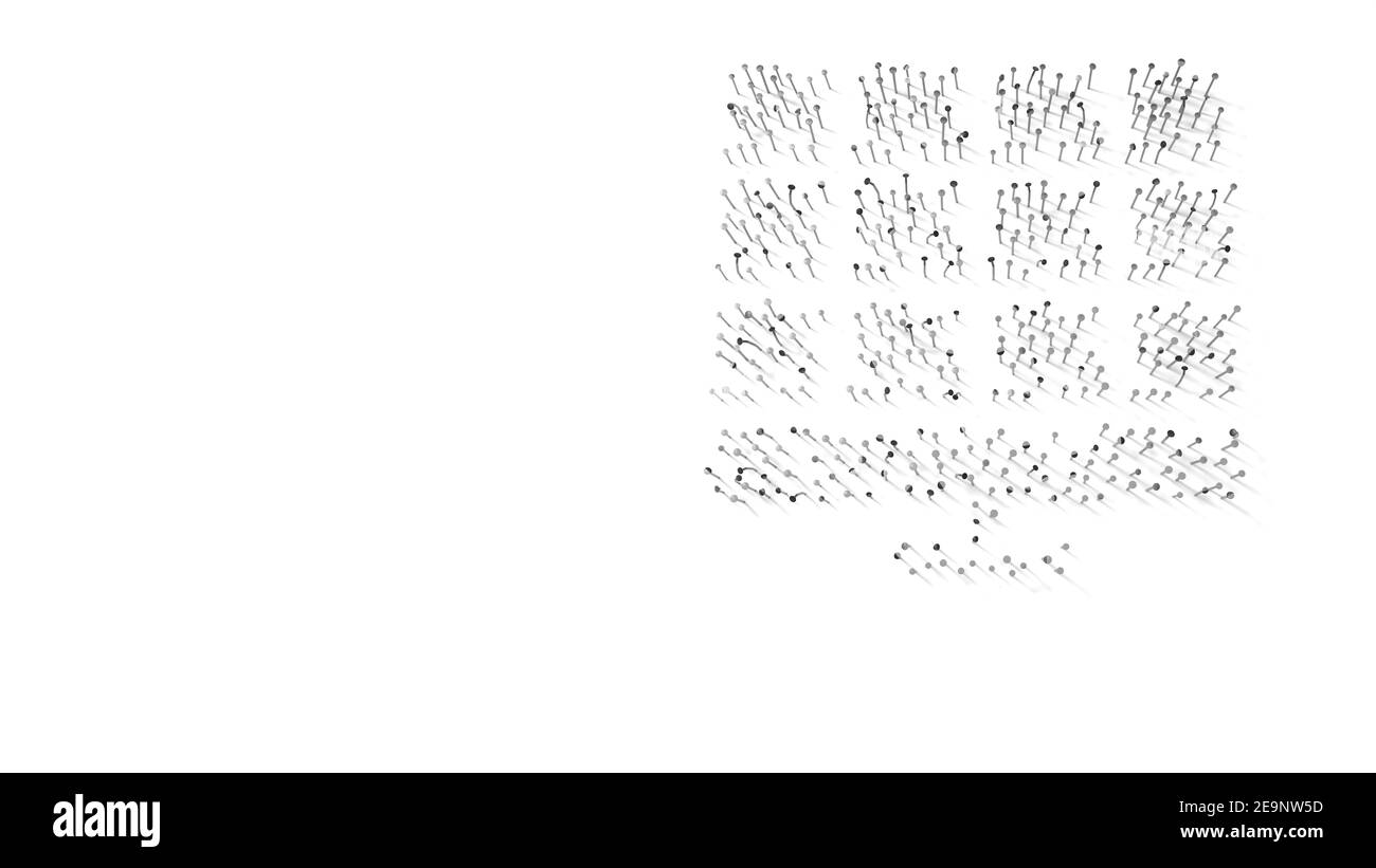 3d-Rendering von Nägeln in Form von Symbol der Sonne Energiefeld mit isolierten Schatten auf weißem Hintergrund Stockfoto
