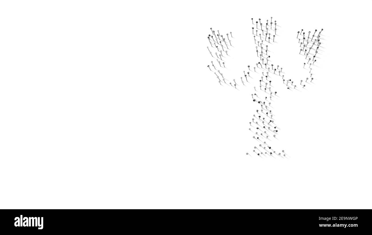 3d-Rendering von Nägeln in Form eines Vintage-Symbols Kerzenleuchter für Kerzen mit Schatten isoliert auf weißem Hintergrund Stockfoto