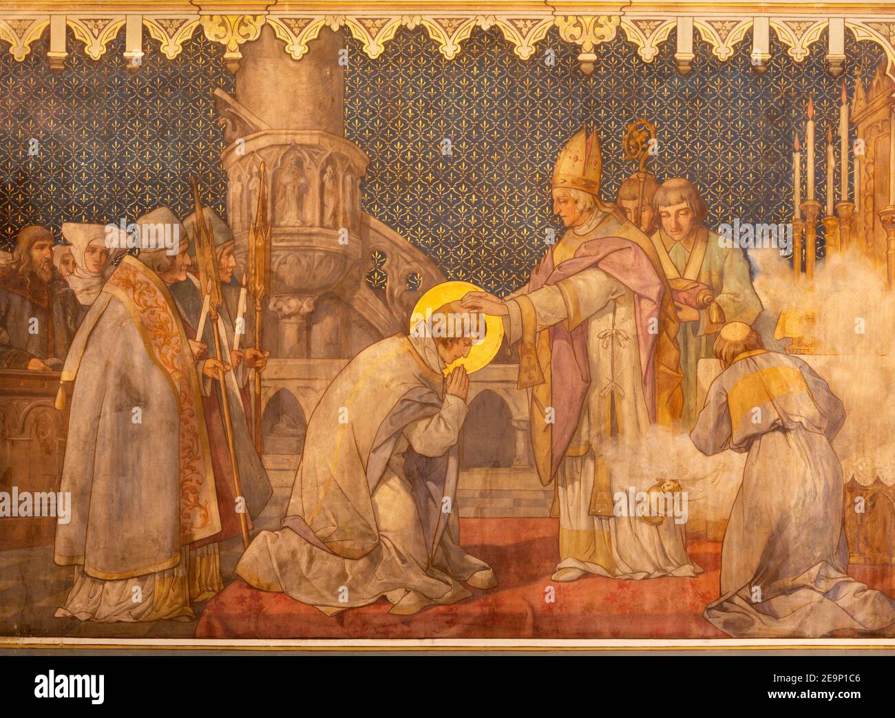 TRNAVA, SLOWAKEI - 14. OKTOBER 2014: Das Fresko der Szenen aus der st. Nikolaus lebt von Leopold Bruckner (1905 - 1906) in der Nikolaikirche. Stockfoto