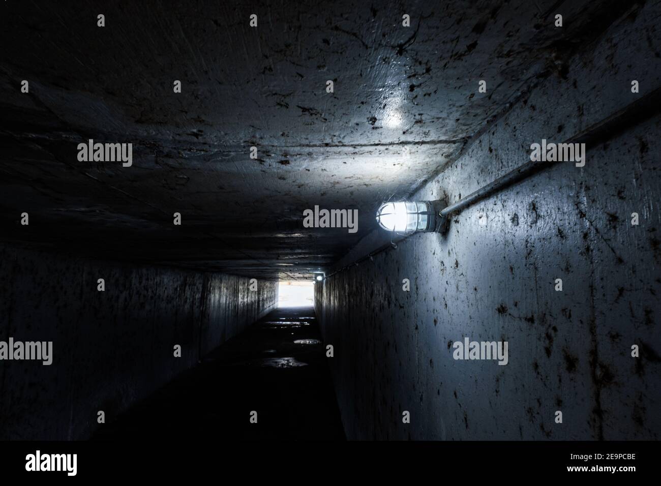 Schmutzige Elektrolampe in einem schmutzigen Tunnel mit Spinnweben Stockfoto