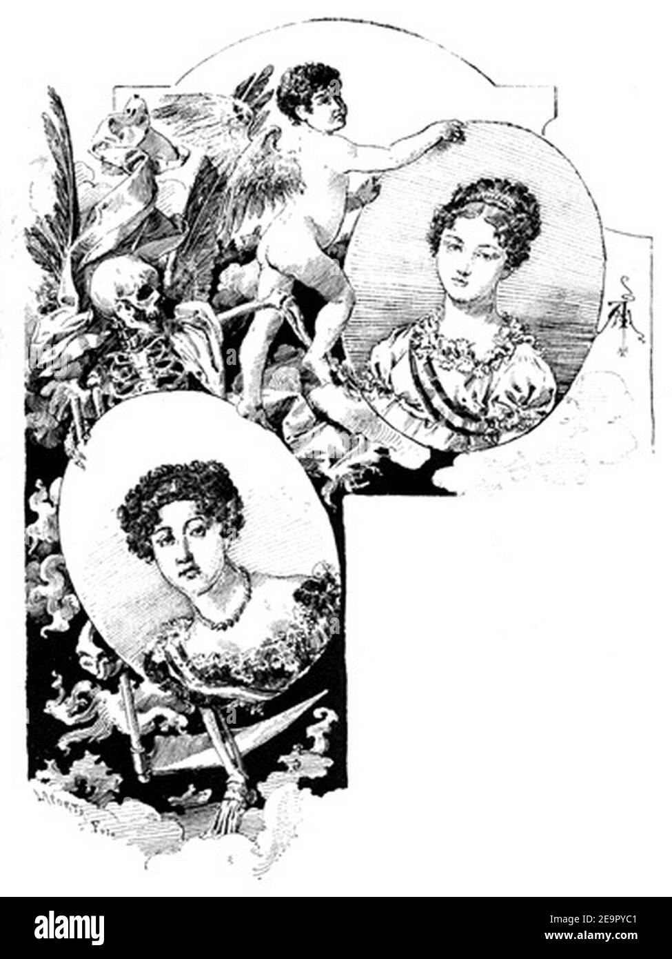 Mª Isabel de Braganza y Mª Josefa Amelia de Sajonia. Ilustración de ''La segunda casaca'' de Galdós. Stockfoto