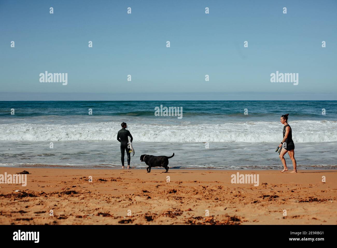 Eine Surferin schaut auf die Wellen, während eine Dame ihren Hund am Strand des Südlichen Ozeans bei Moyji oder Point Ritchie in Warrnambool, Southwest Victoria, spaziert Stockfoto