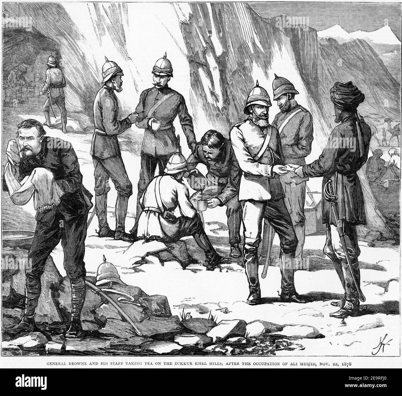 Gravur von Generalleutnant Sam Browne und seinen Offizieren, die Tee auf den Zukker Khel Hills nach der Besetzung von Ali Musjid, der Eröffnungsschlacht im zweiten anglo-afghanischen Krieg, 22. November 1878. Stockfoto