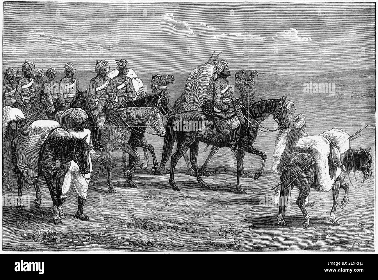 Gravur der königlichen Kavallerie von 8th auf dem marsch mit der Quettah-Truppe auf dem Weg zum anglo-afghanischen Krieg von 1879. Stockfoto