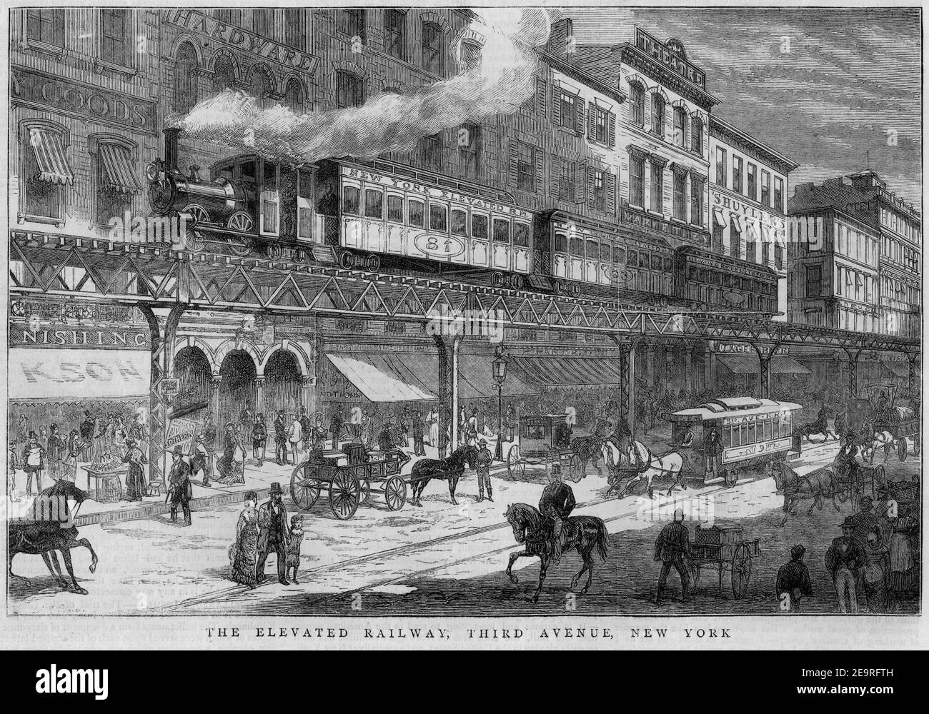 Gravur der Hochbahn auf der Third Avenue, New York, um 1879. Stockfoto