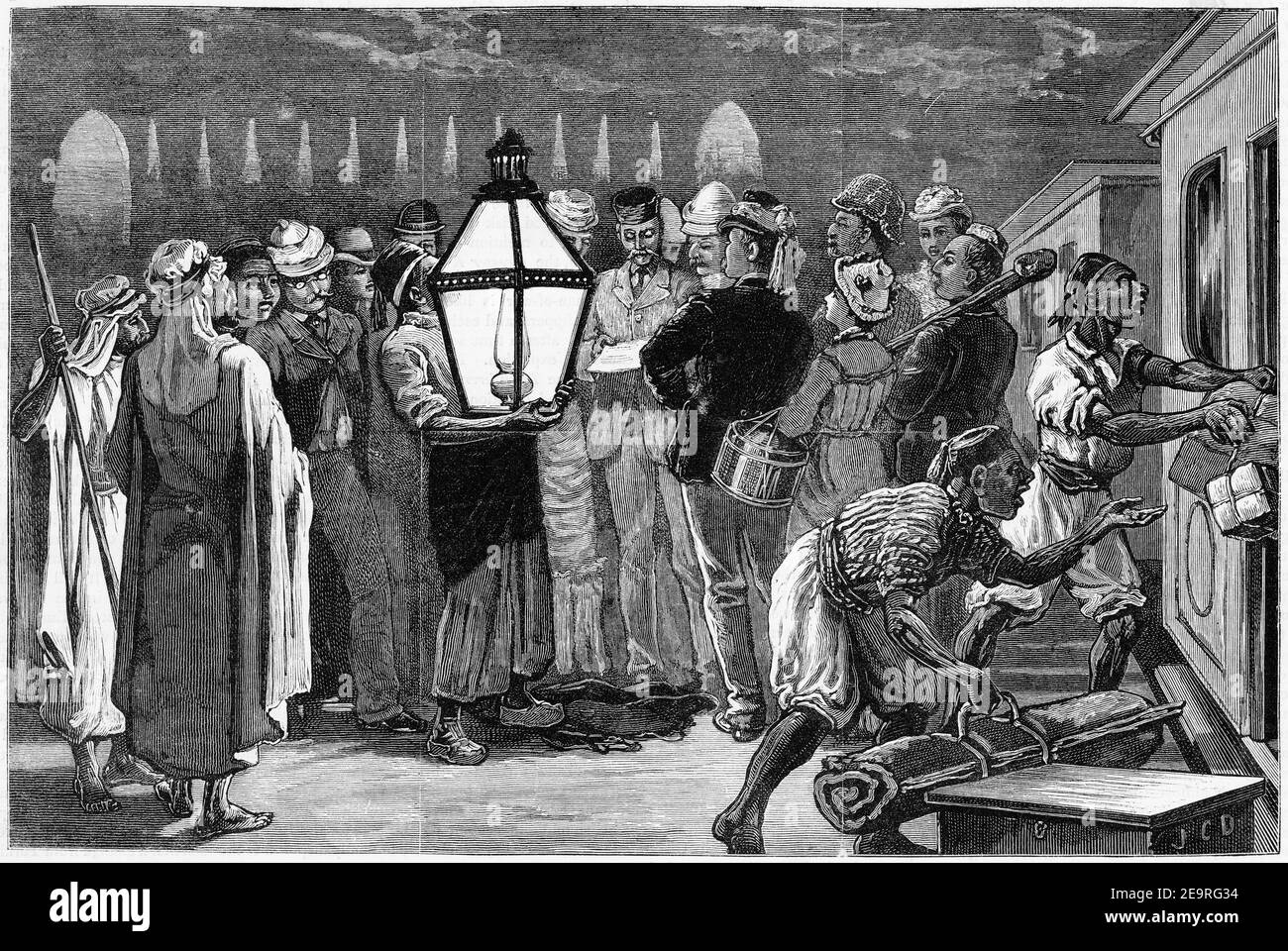 Stich von britischen Offizieren, die Telegramme von der Front bei Suez auf ihrem Weg zum anglo-afghanischen Krieg von 1879 kontrollieren. Stockfoto