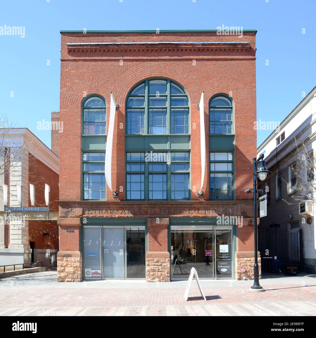 Fire Engine House am Church Street Marketplace im historischen Viertel Burlington, Vermont VT, USA. Stockfoto