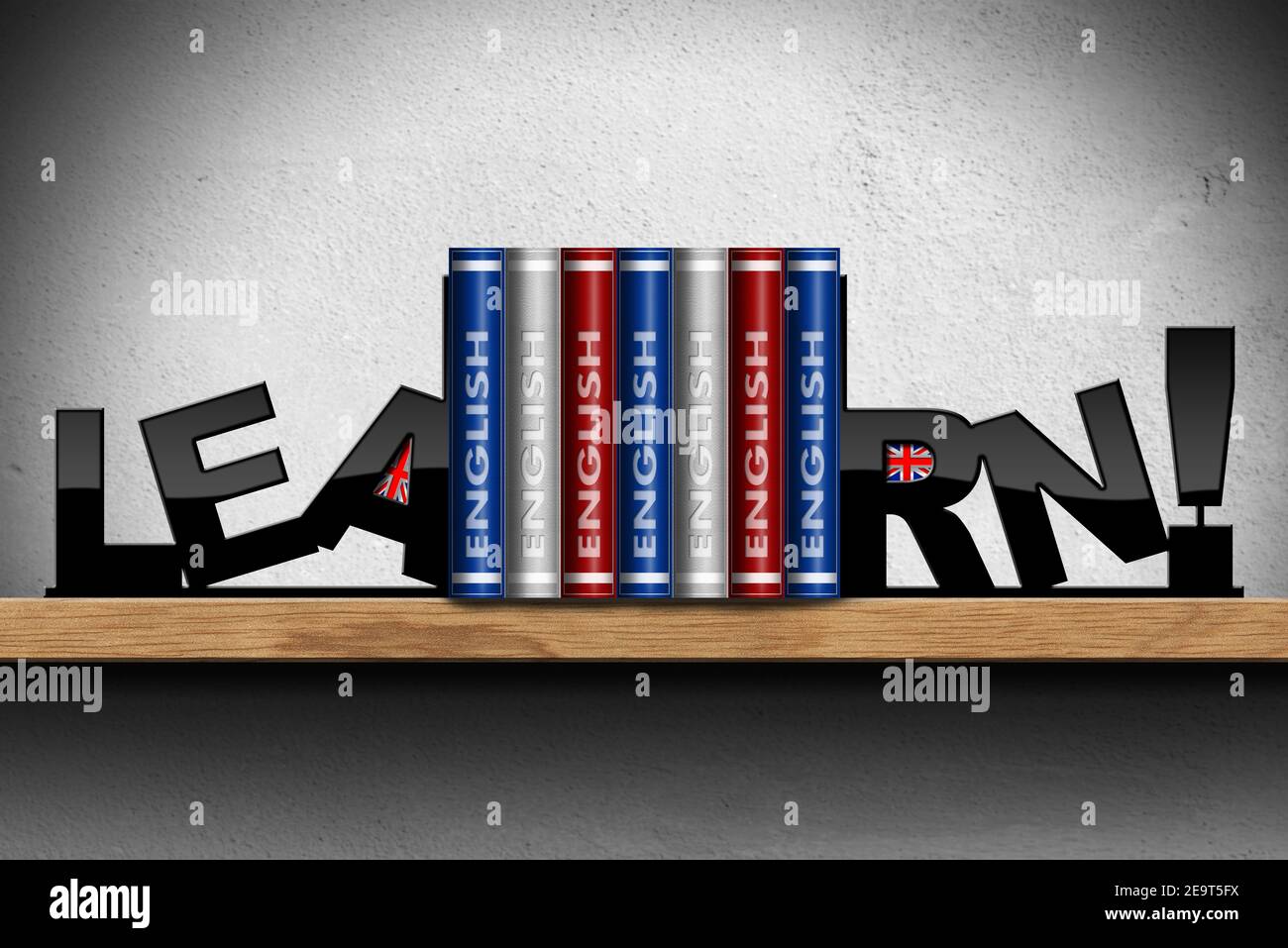 Englisch Lernen. 3D Abbildung eines Holzregals mit einer Gruppe von Büchern mit den UK-Flaggen (Union Jack Flag) auf einer grauen Wand mit Kopierraum. Stockfoto