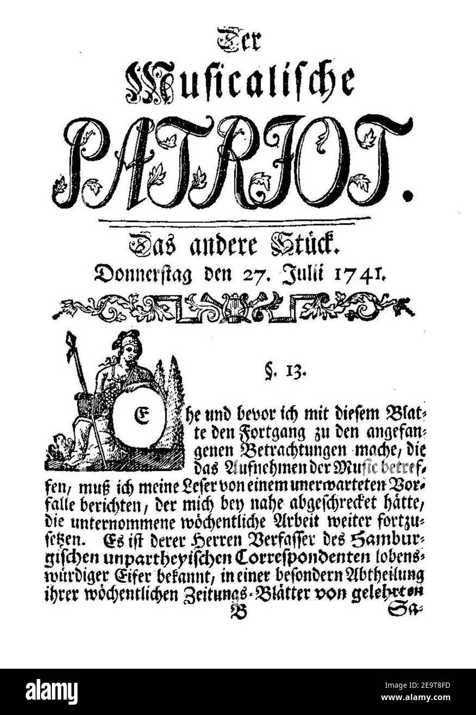Musikalische Patriot (Braunschweig) 1741 Titel. Stockfoto