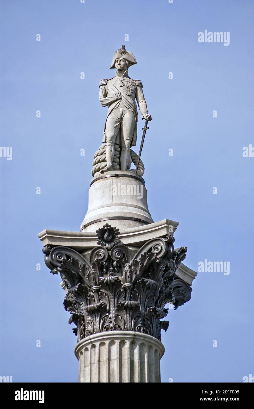 Blick auf Nelson's Column, Trafalgar Square, London. Stockfoto