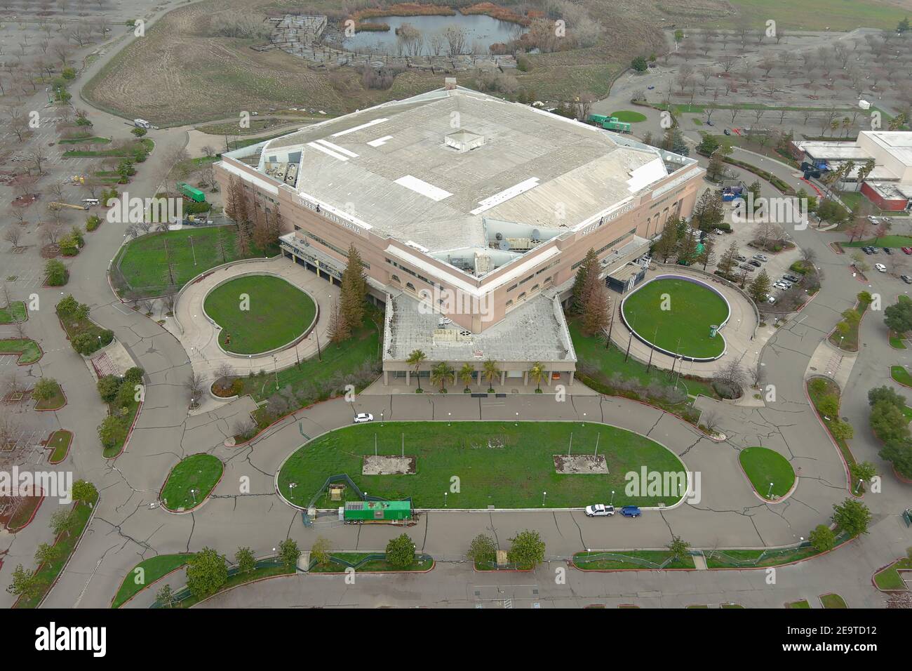 Eine Luftaufnahme der Sleep Train Arena, Sonntag, 24. Januar 2021, in Sacramento, Kalifornien. Stockfoto