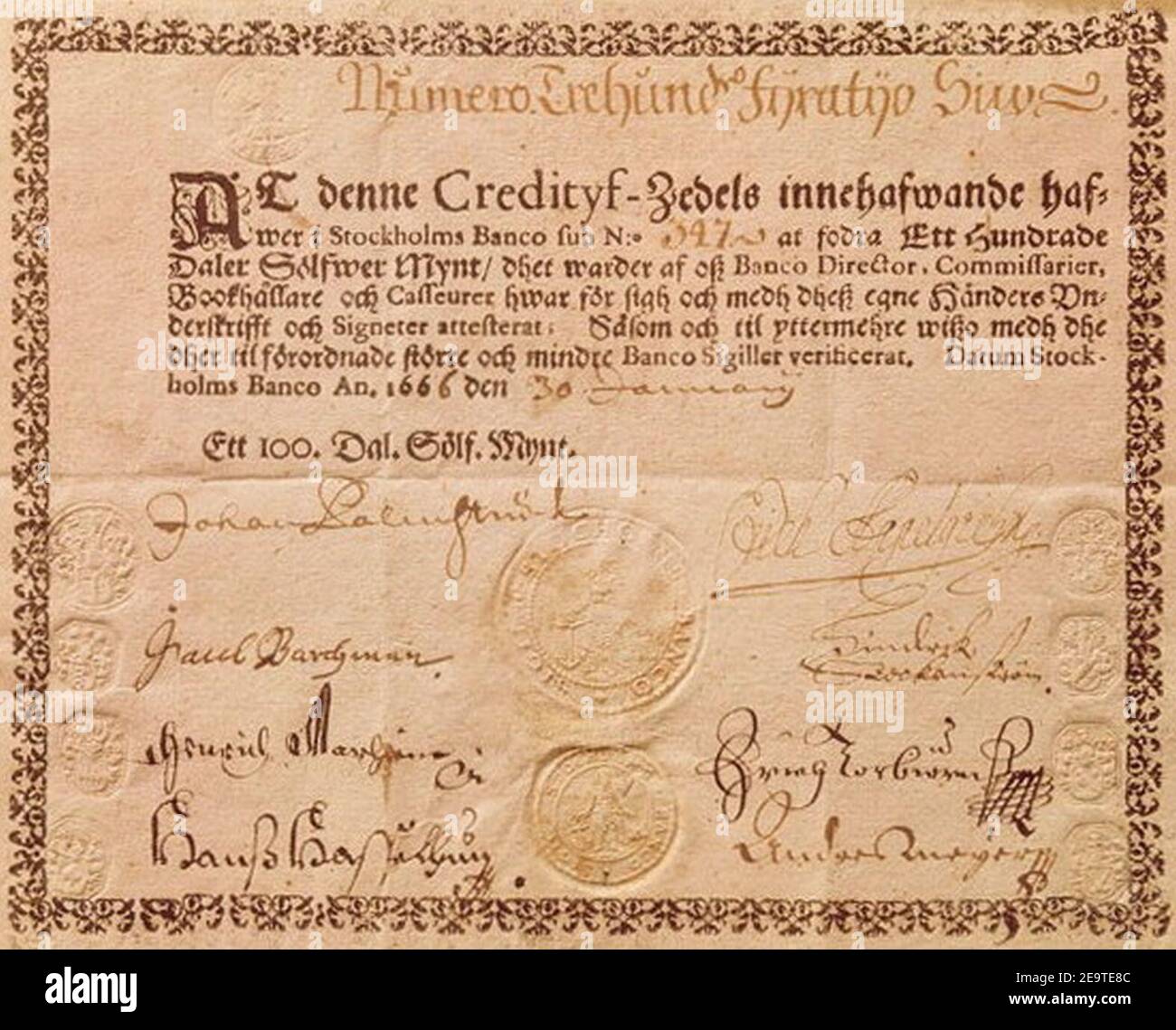 Myntkabinettet, sedel 1666. Stockfoto