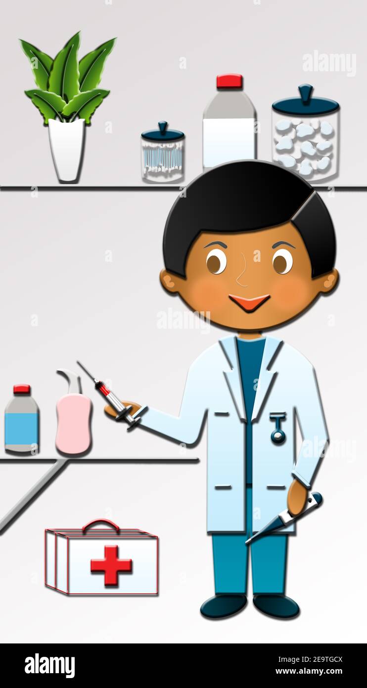 Cartoon von einem niedlichen glücklich Krankenschwester, hält eine Spritze. Diese Illustration ist Teil einer Sammlung verschiedener Berufe. Stockfoto