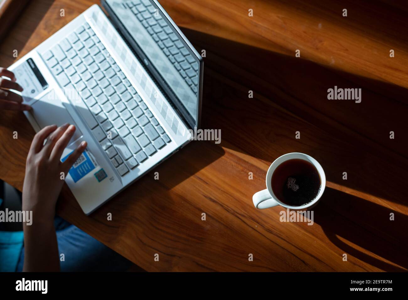 IT-Profi Frau arbeitet von zu Hause aus mit Laptop und Handys Mit einer heißen Tasse Kaffee daneben und einem grünen Anlage Stockfoto