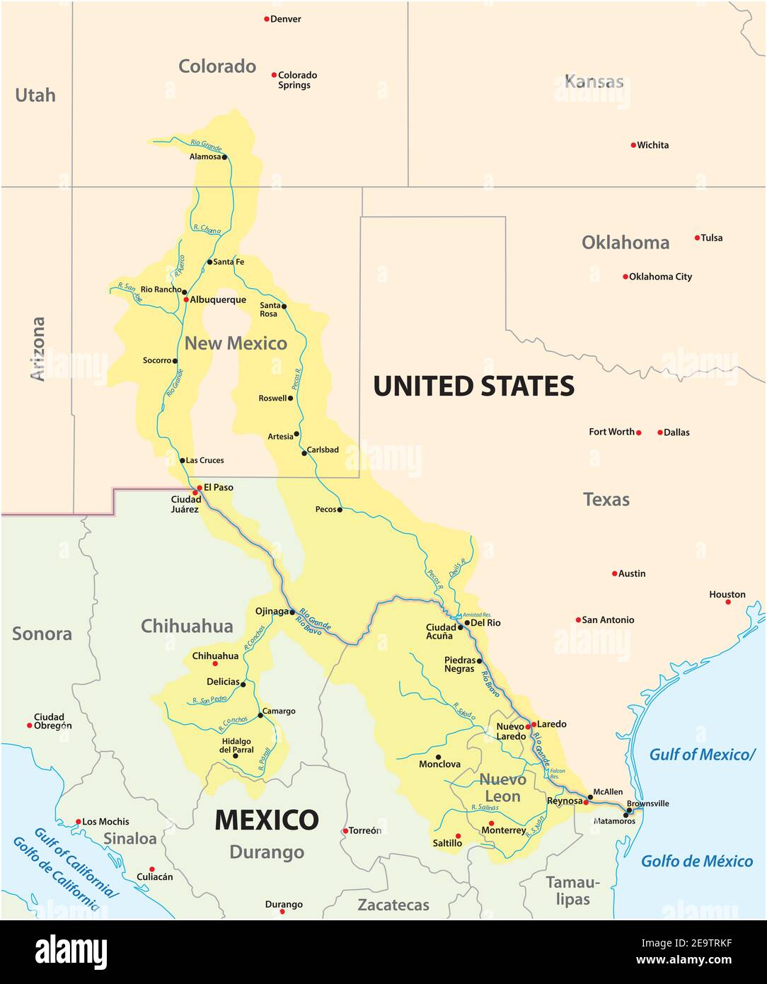 Karte des Rio Grande, Rio Bravo Drainage Basin, Mexiko, USA Stock Vektor