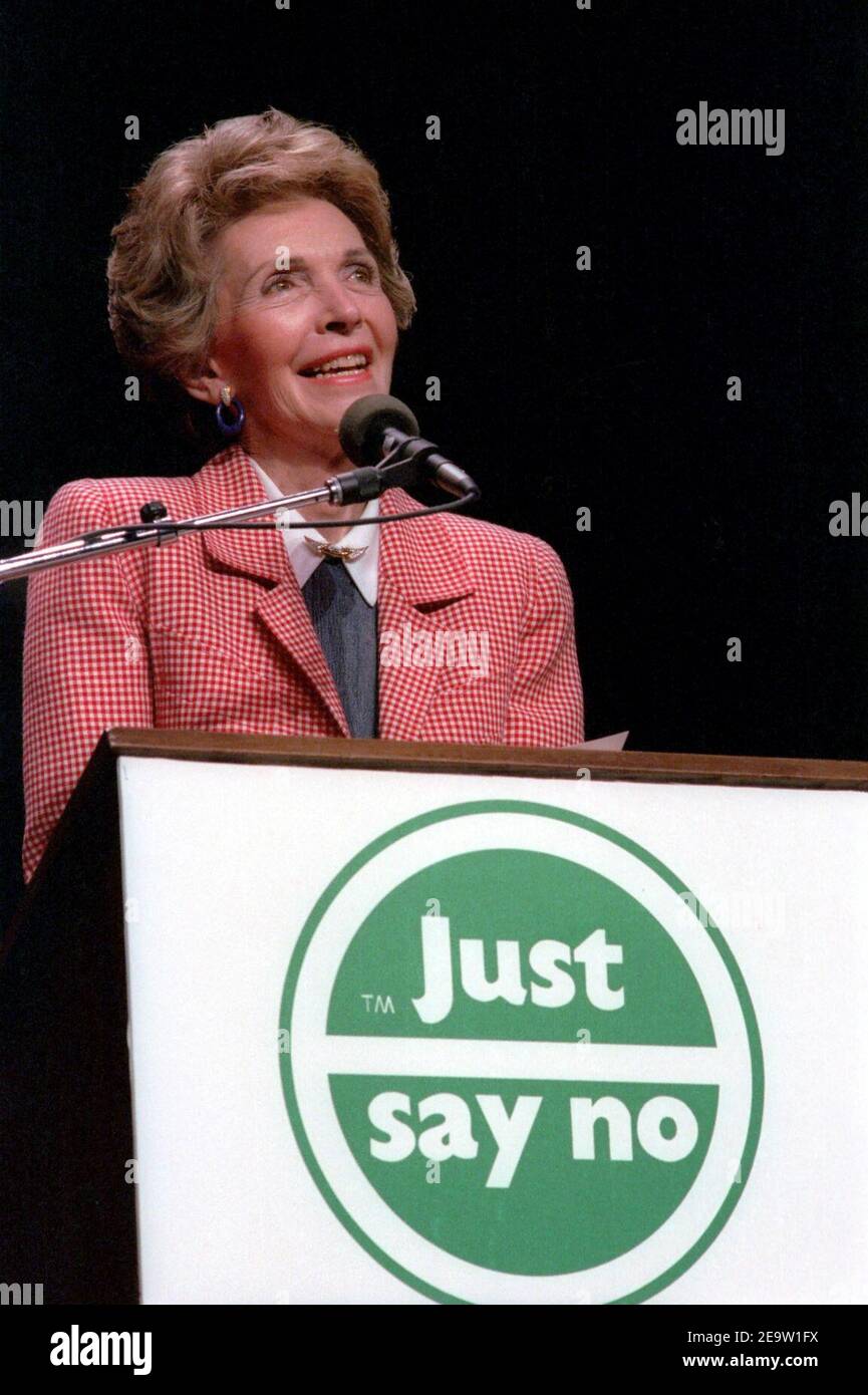 Nancy Reagan spricht bei einer "Say No"-Rallye in Los Angeles, Kalifornien. Stockfoto