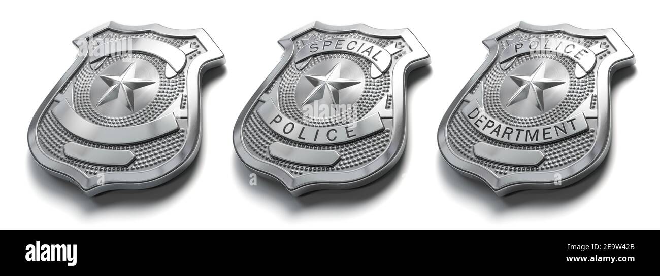 Polizei Metallabzeichen isoliert auf weißem Schild und Symbol der Polizei. 3D Abbildung Stockfoto