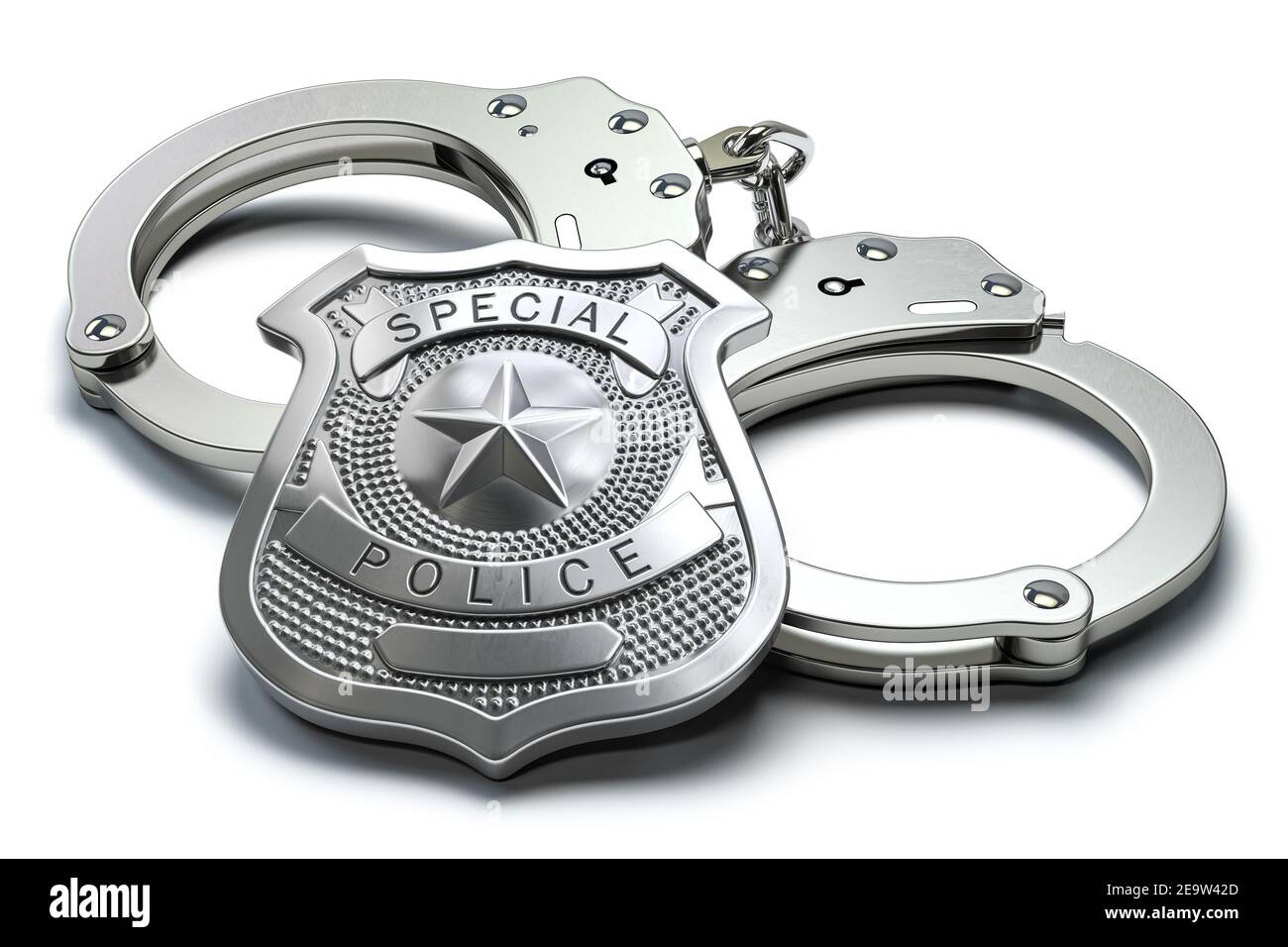 Spezielle Polizei Abzeichen und Handschellen isoliert auf weißem Hintergrund. Strafverfolgungsbehörden und Sicherheit. 3D Abbildung Stockfoto