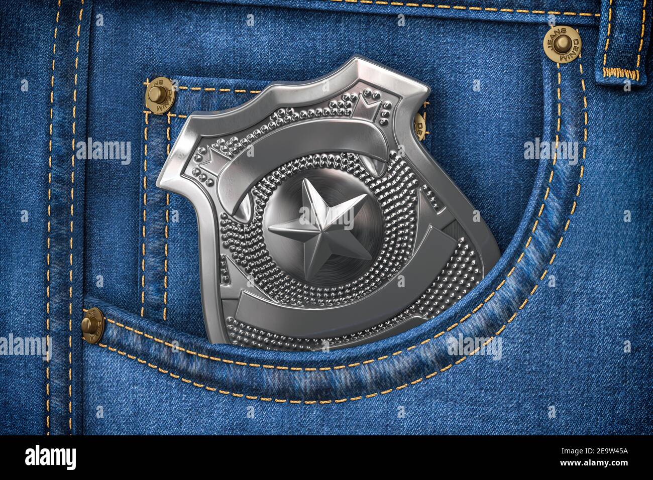 Polizeiabzeichen in der Jeans-Tasche. Undercover-Agent-Konzept. 3D Abbildung Stockfoto
