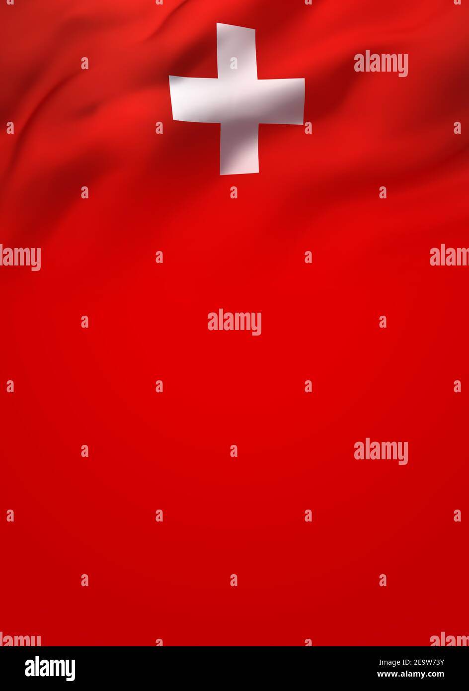 Flagge der Schweiz weht im Wind. Ganzseitiges Cover Hintergrund, weißes Kreuz und rote Schweizer Farben. Header, Broschüre, Flyer, Poster, Bannerdesign Stockfoto