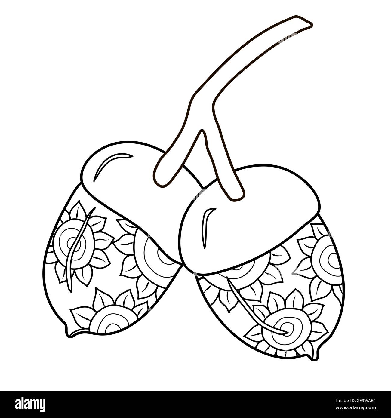 Skizzierte Eicheln mit Sonnenblumen-Ornament. Vektor-Pflanzen-Illustration im Doodle-Stil. Herbststimmung. Eiche Zweig Färbung Buch Seite. Stock Vektor