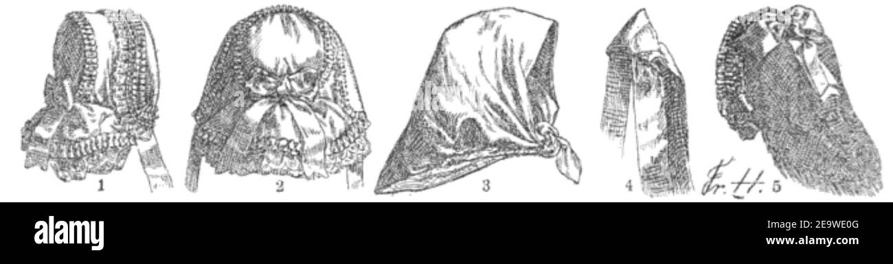 NassTrachtenbuch-28-Kopfbedeckungen aus Orten des Fürstentums Nassau-Hadamar. Stockfoto