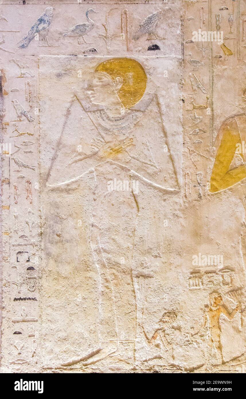 Ägypten, Guizeh, Grab der Königin Meresankh III, Enkelin von Kheops und Ehefrau von Khephren. Hauptraum, West Wall, Hetepheres II. Stockfoto