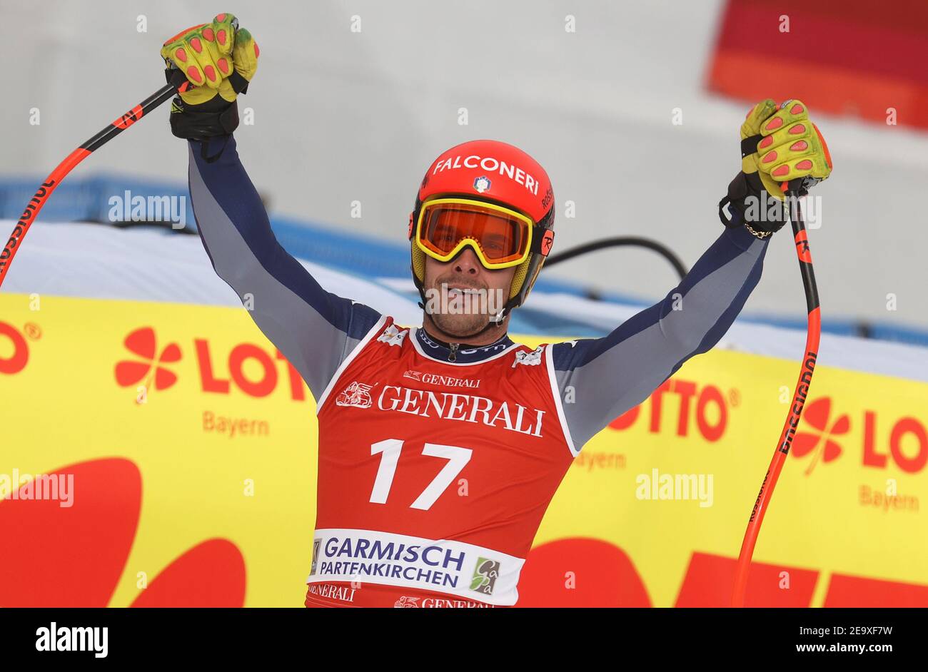 Garmisch Partenkirchen, Deutschland. Februar 2021, 06th. Alpinski: WM, Super G, Herren: Christof Innerhofer aus Italien reagiert im Ziel. Quelle: Karl-Josef Hildenbrand/dpa/Alamy Live News Stockfoto