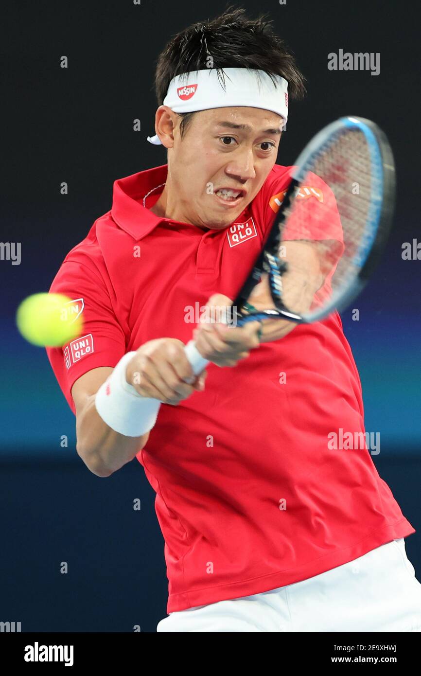 6. Februar 2021: Kei NISHIKORI aus Japan im Einsatz gegen Diego SCHWARTZMAN aus Argentinien bei einem ATP-Pokalspiel der Gruppe D in der Rod Laver Arena in Melbourne, Australien. Foto Sydney Low/Cal Sport Media/Sipa USA.(Bild des Kredits: © Sydney Low/CSM/Sipa USA) Stockfoto