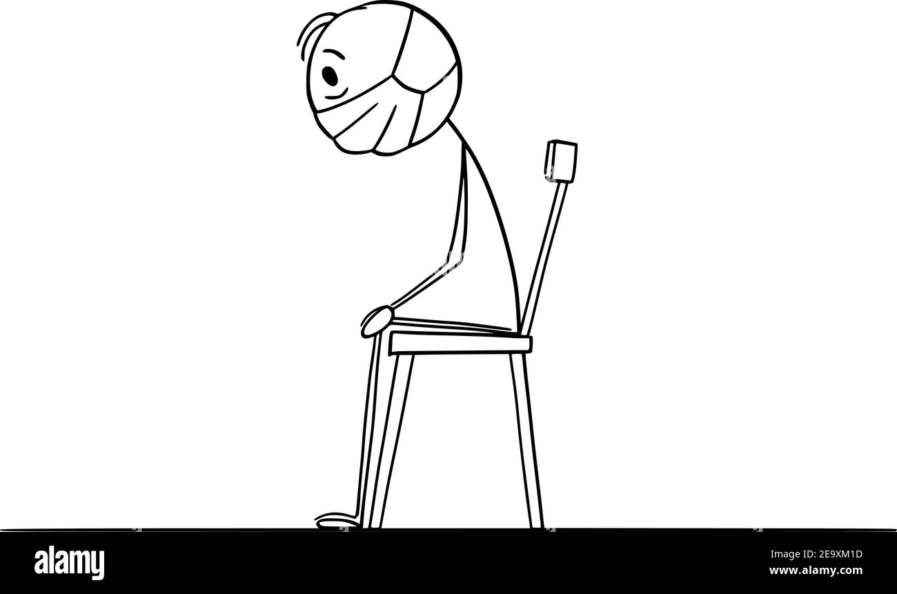 Frustrierter Mann sitzt auf Stuhl zu Hause während covid-19 oder Coronavirus Sperrung Quarantäne, Vektor-Cartoon-Stick Figur oder Figur Illustration gesperrt Stock Vektor