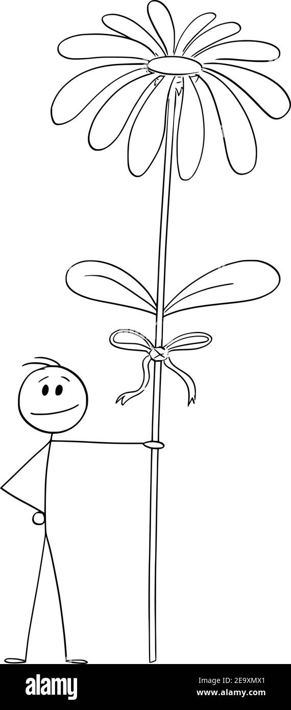 Mann oder Liebhaber hält große Blume, um seine Liebe, Valentine-Konzept, Vektor-Cartoon-Stick Figur oder Figur Illustration. Stock Vektor