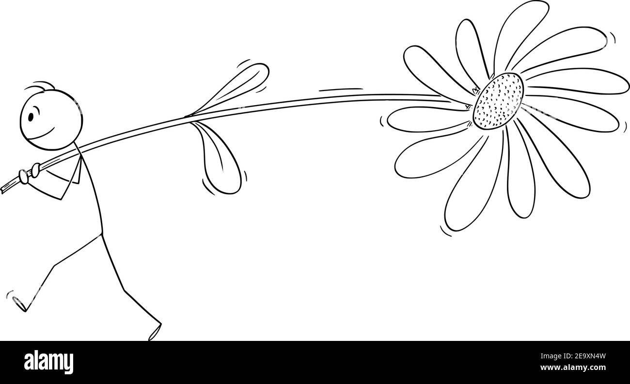 Mann oder Liebhaber trägt große Blume zu seiner Liebe, Valentine-Konzept, Vektor-Cartoon-Stick Figur oder Figur Illustration. Stock Vektor
