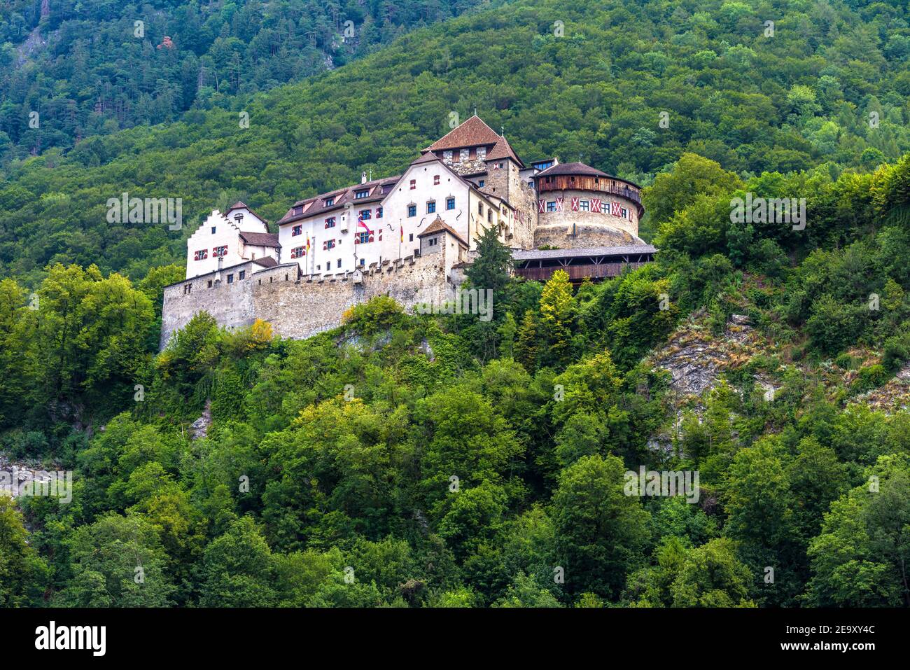 Schloss Vaduz in Liechtenstein, Europa. Es ist Wahrzeichen von Liechtenstein und der Schweiz. Landschaft von grünen Hügeln mit Burg wie Palast. Altes Royal Stockfoto