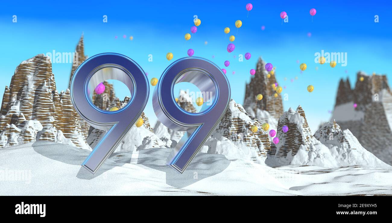 Nummer 99 in dickem blauem Font auf einem verschneiten Berg mit Felsgebirgslandschaft mit Schnee und roten, gelben und lila Luftballons im Hintergrund. Stockfoto