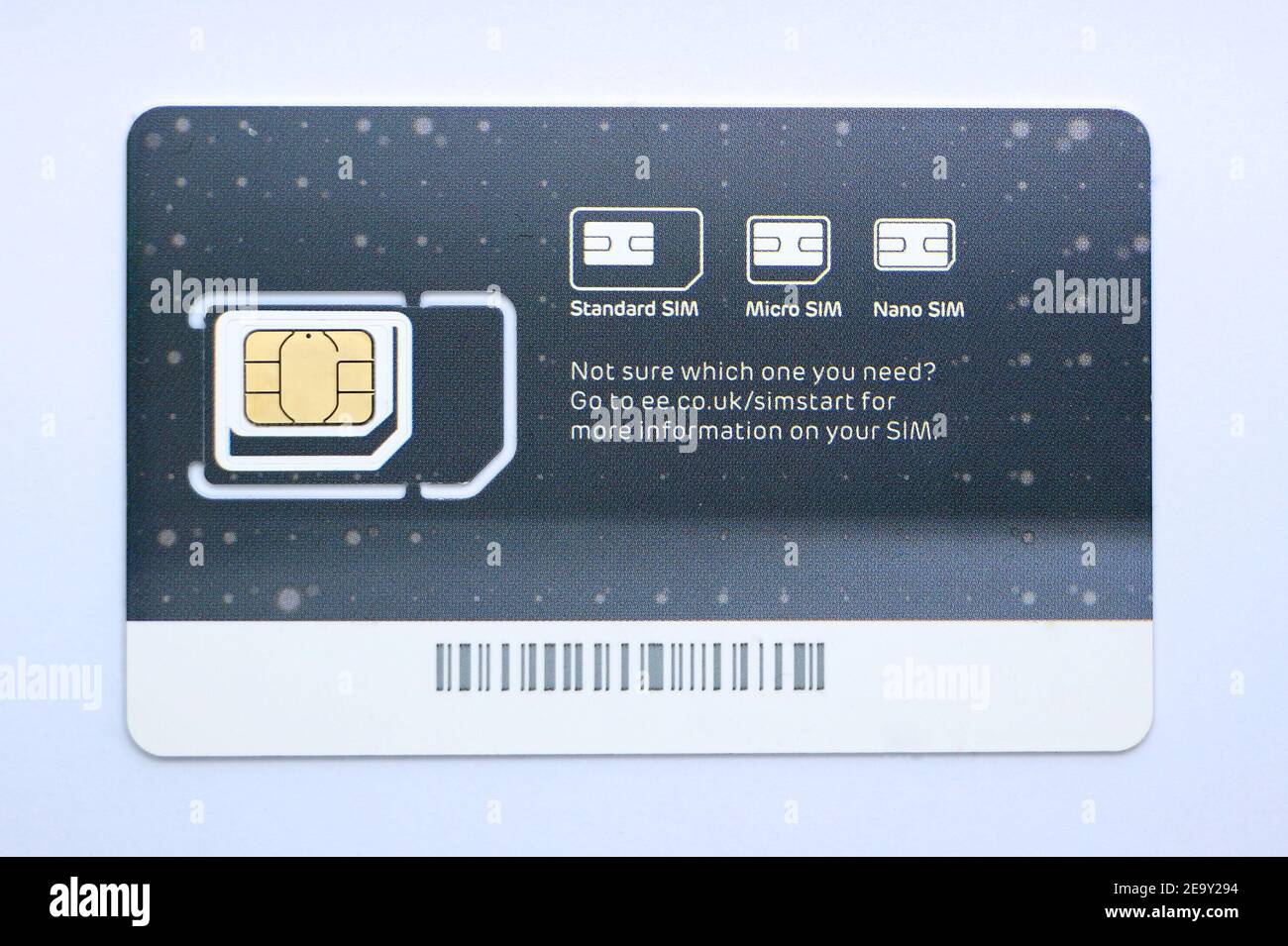Foto einer neuen nicht verwendeten SIM-Karte, die aus einer Plastikkarte im Kreditkartenformat herausgeschnitten werden kann. Die Größen sind für Standard-Micro- und Nano-SIM-Karten angegeben Stockfoto