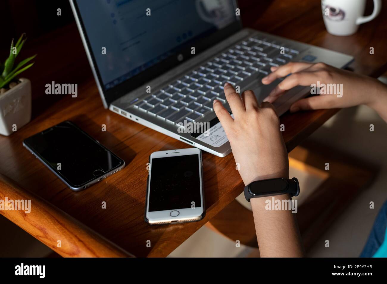 IT-Profi Frau arbeitet von zu Hause aus mit Laptop und Handys Mit einer heißen Tasse Kaffee daneben und einem grünen Anlage Stockfoto