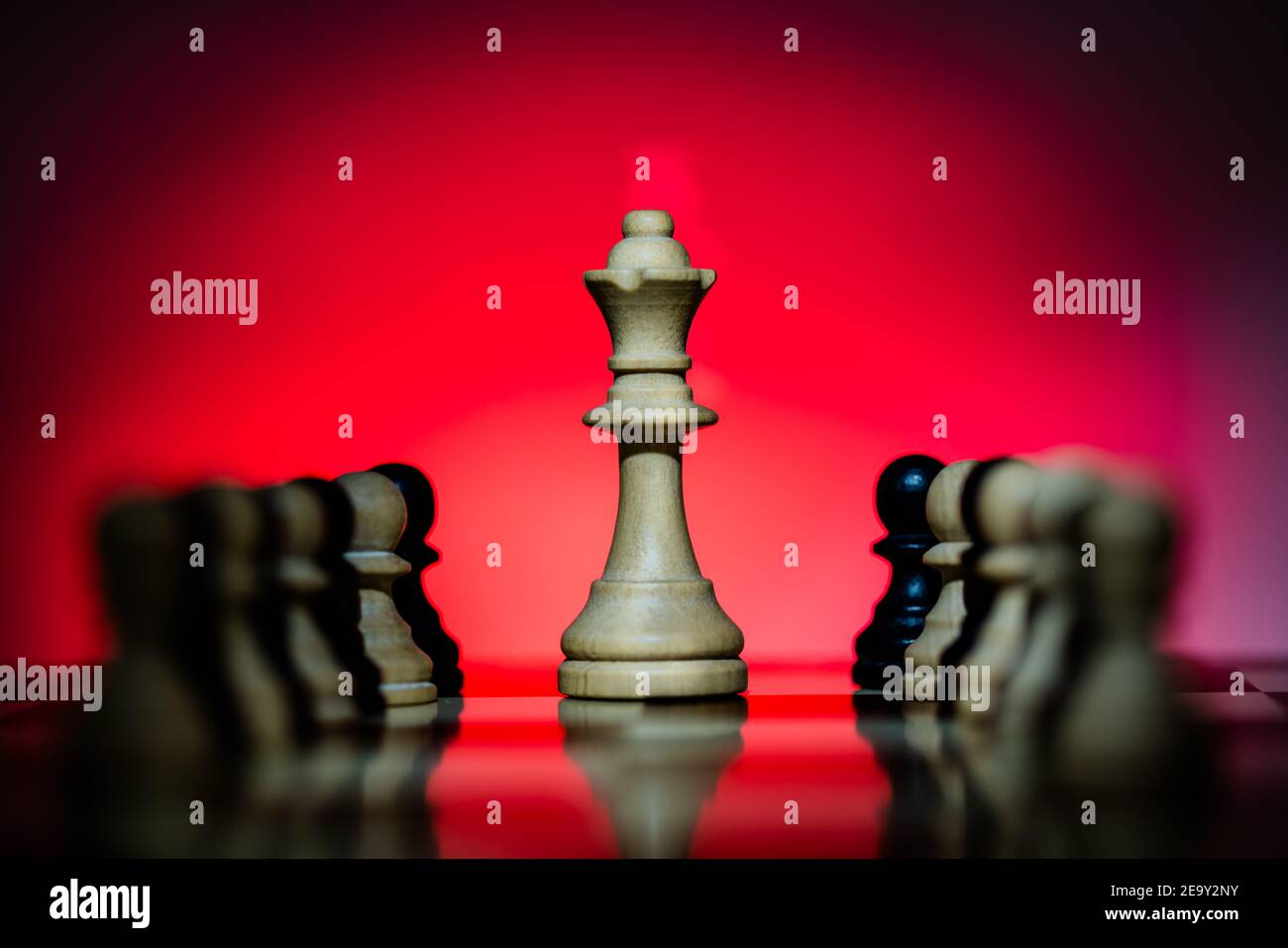 Go White Queen auf Schachbrett mit einem roten Hintergrund Umgeben von weißen und schwarzen Bauern - Einzelfokus auf Die Königin Stockfoto
