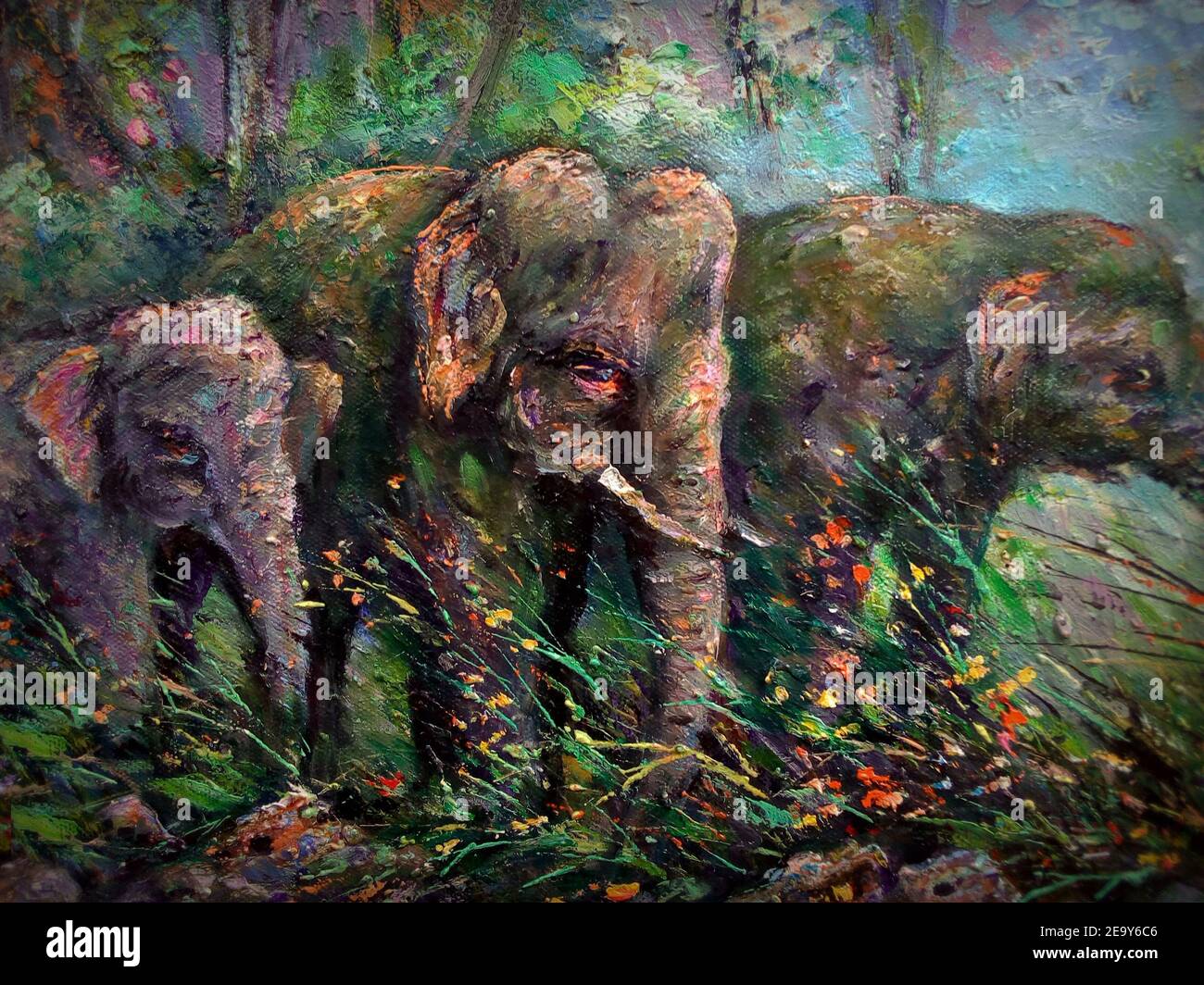 Kunst, Malerei, Ölfarbe, Elefant, Familie, Thailand Landschaft Stockfoto