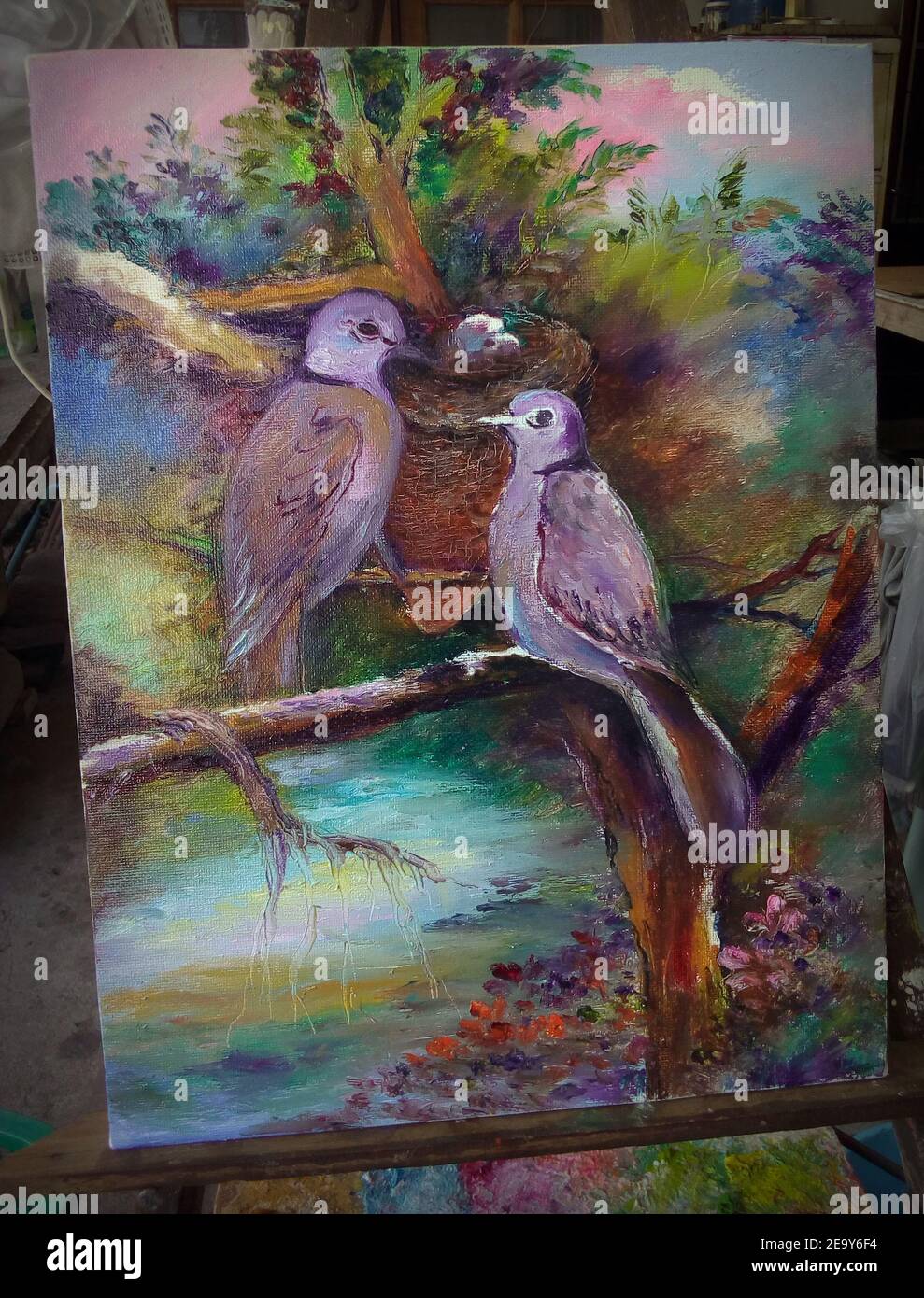 Kunst, Malerei, Hintergrund für Design, ölfarbener Vogel aus thailand Stockfoto
