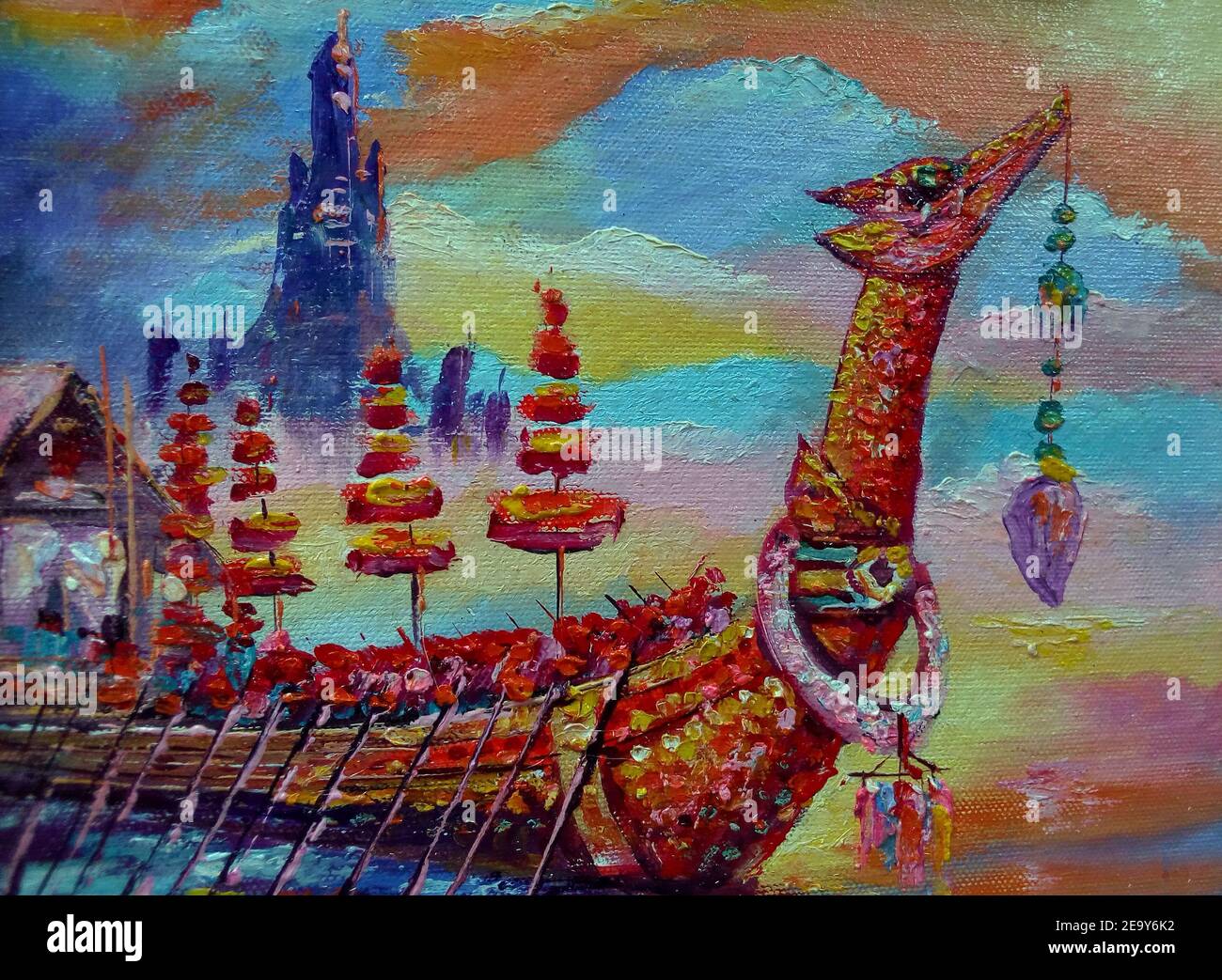 Kunst, Malerei, Öl, Farbe, Tempel, königliche Barge thailand, Suphannahong Boot Stockfoto