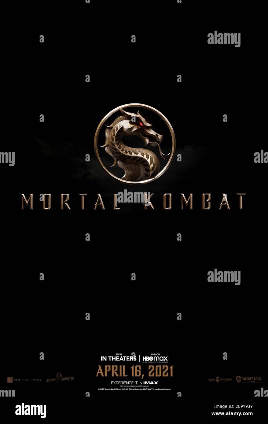Mortal Kombat (2021) unter der Regie von Simon McQuoid mit Jessica McNamee, Josh Lawson und Hiroyuki Sanada. Reboot mit MMA-Kämpfer Cole Young auf der Suche nach den größten Champions der Erde in einem Kampf mit hohen Einsätzen für das Universum zu kämpfen. Stockfoto