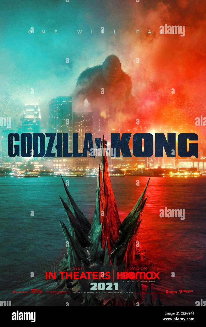 Godzilla vs. Kong (2021) unter der Regie von Adam Wingard mit Alexander Skarsgård, Millie Bobby Brown und Rebecca Hall. Nach dem Ereignis von Godzilla: König der Monster (2019), sieht das nächste Kapitel in The Monsterverse die legendäre Godzilla und König Kong gehen Kopf an Kopf mit dem Schicksal der Menschheit in der Balance gefangen. Stockfoto