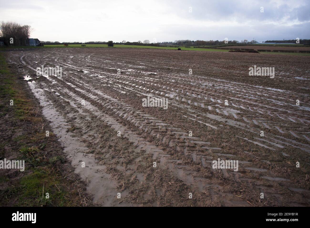East Yorkshire Ackerland mit wasserdurchnässtem Feld bei nassem Wetter Stockfoto