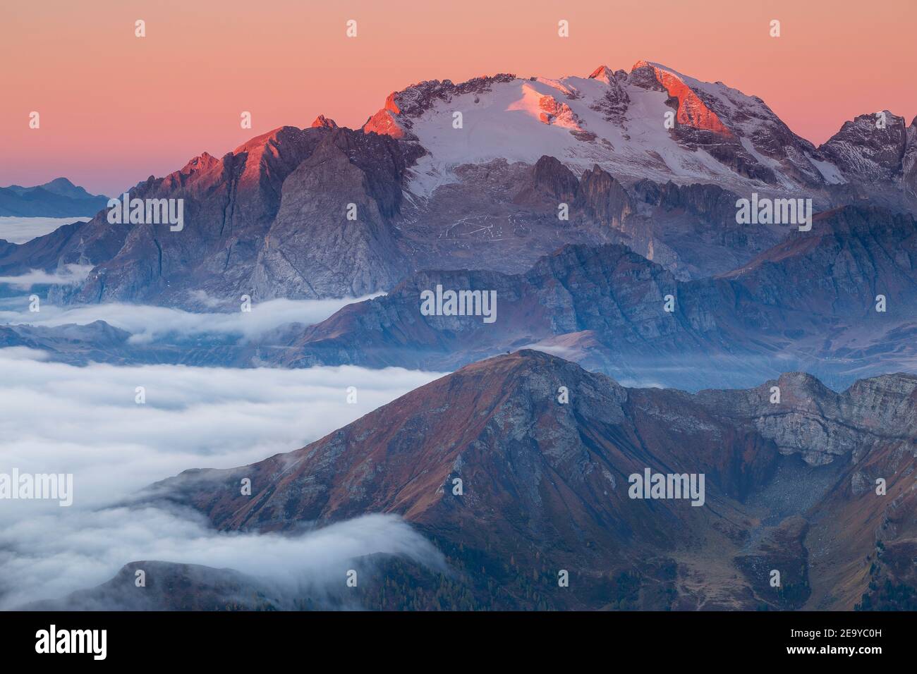 Sonnenlicht auf der Marmolada Berggruppe bei Sonnenaufgang. Alpenglow, rötliche Spitzen. Die Dolomiten. Italienische Alpen. Europa. Stockfoto