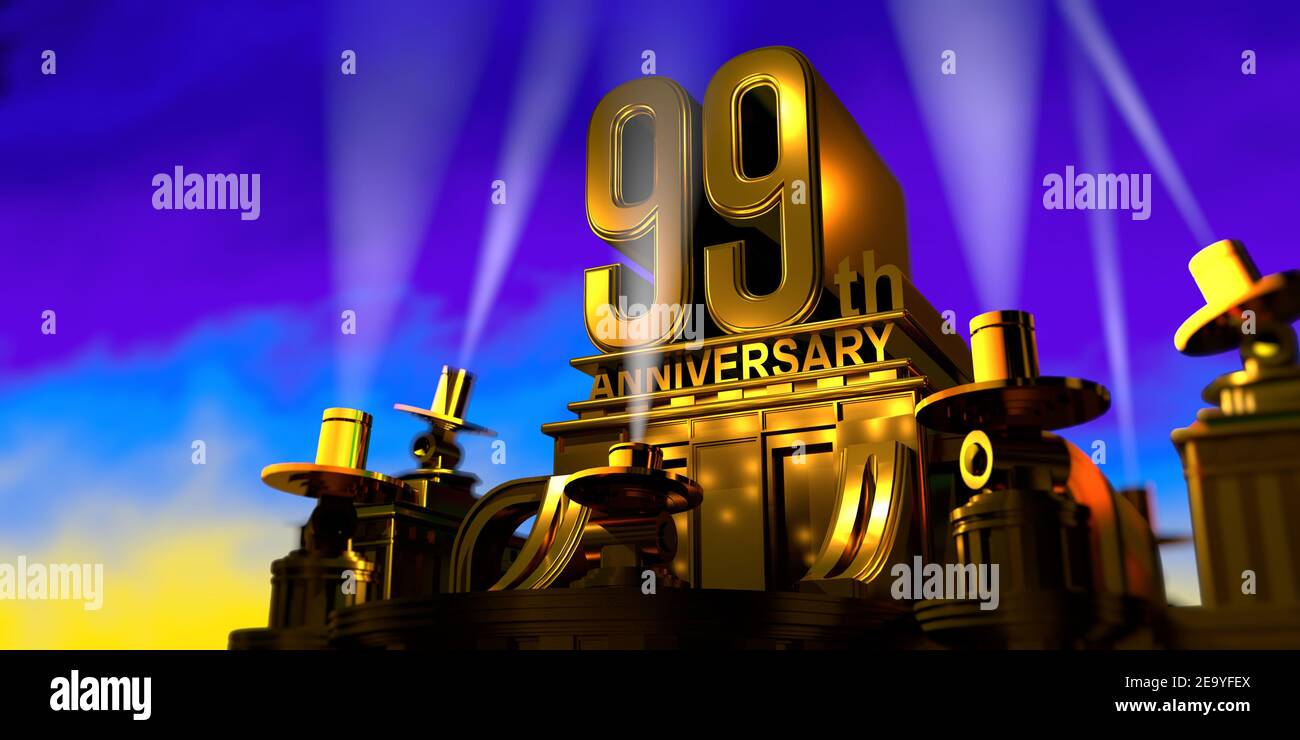 99th-jähriges Jubiläum in dicken Buchstaben auf einem großen goldenen Gebäude im antiken Stil, beleuchtet von 6 Flutlichtern mit weißem Licht auf einem blauen Himmel bei Sonnenuntergang. 3D I Stockfoto