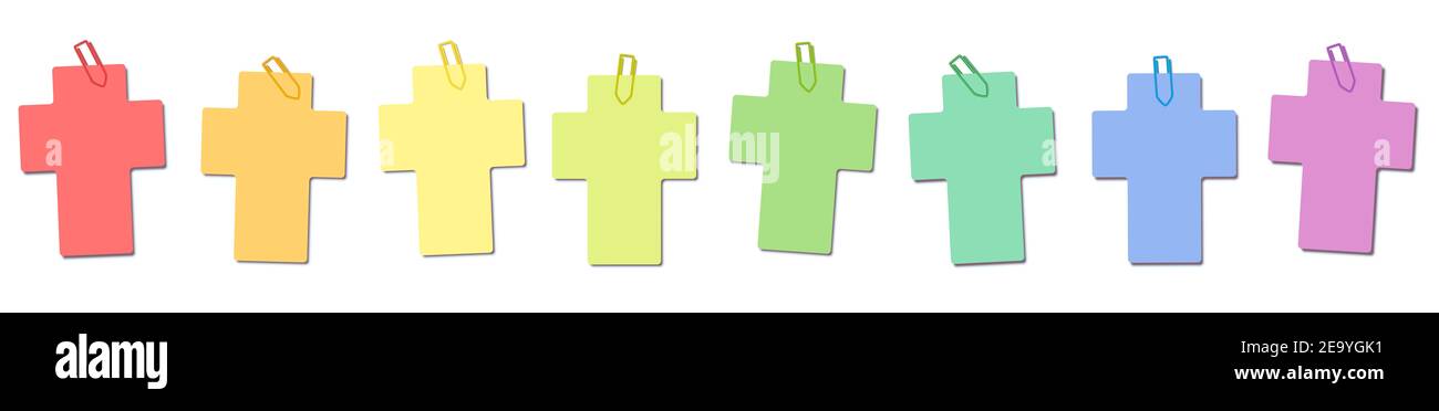 Bunte Crucifix-förmige Notizblöcke mit Büroklammern, Regenbogen-Farbverlauf Christian Kreuz Set, Illustration auf weißem Hintergrund. Stockfoto